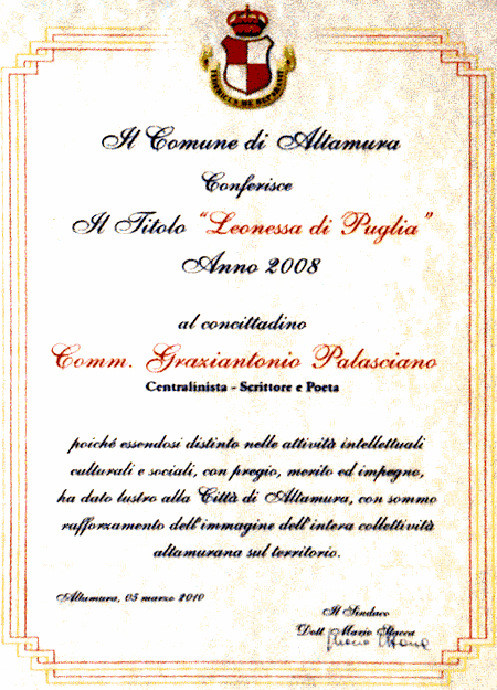 Attestato di Benemerenza del Comune di Altamura